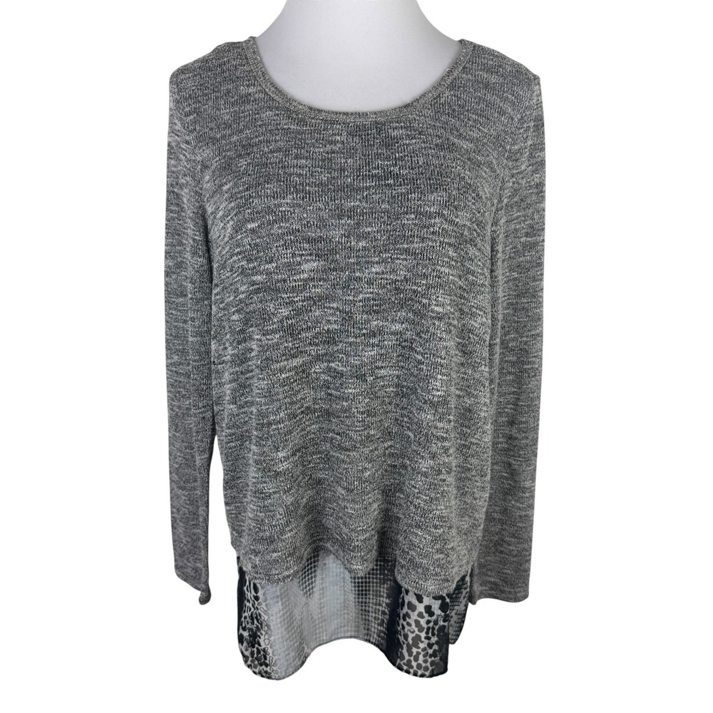 AGB Women's XL Gray Marled Layered Animal Print Split Back Long Sleeve Knit Top